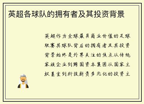 英超各球队的拥有者及其投资背景